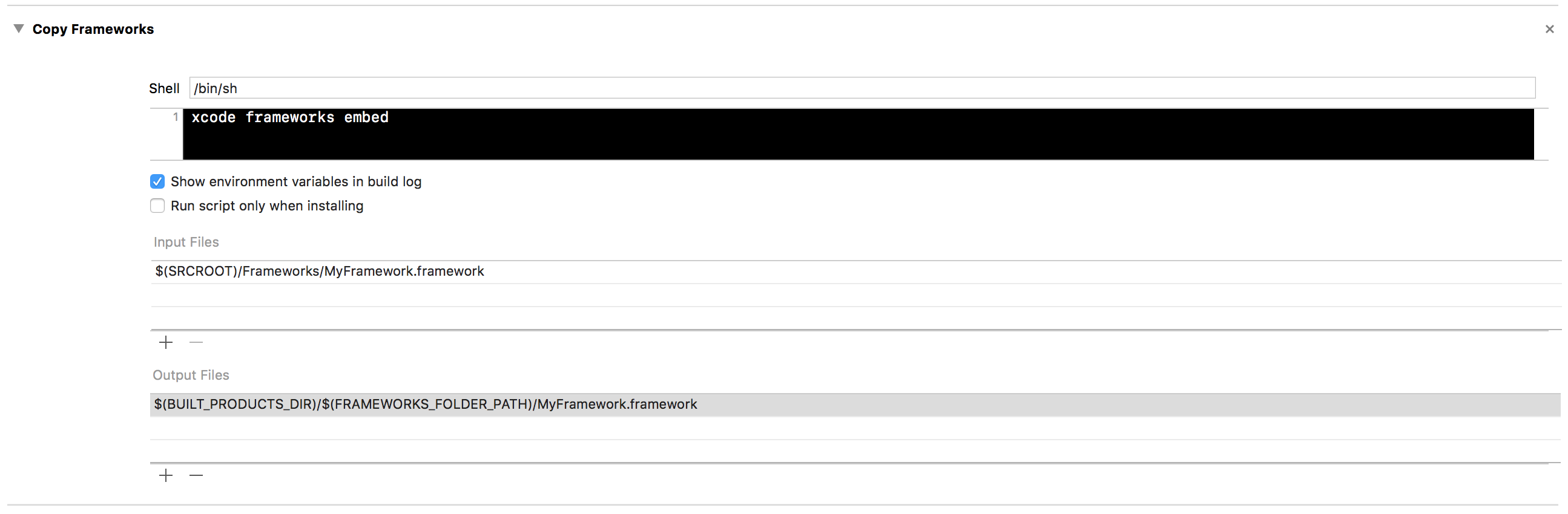 An example of the Xcode build phase that uses the command to embed the frameworks